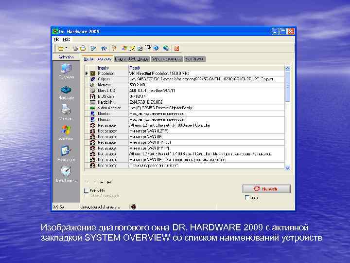Изображение диалогового окна DR. HARDWARE 2009 с активной закладкой SYSTEM OVERVIEW со списком наименований