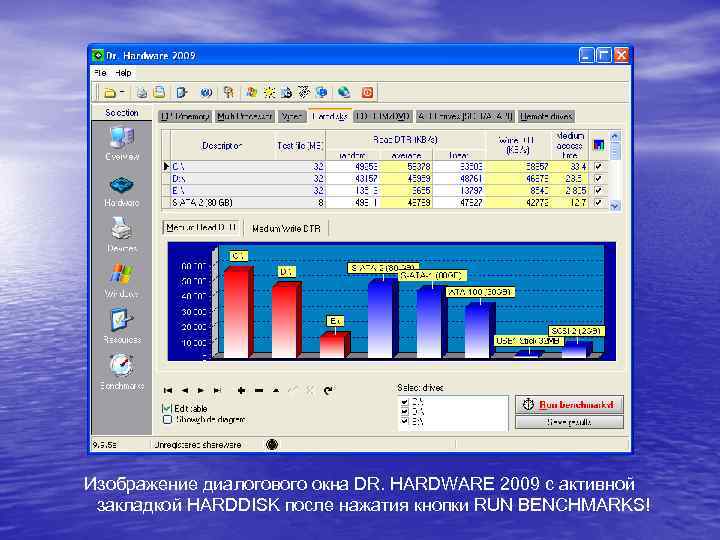 Изображение диалогового окна DR. HARDWARE 2009 с активной закладкой HARDDISK после нажатия кнопки RUN