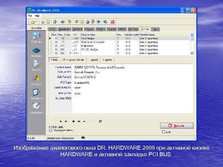 Изображение диалогового окна DR. HARDWARE 2009 при активной кнопке HARDWARE и активной закладке PCI