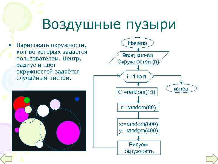 Воздушные пузыри • Нарисовать окружности, кол-во которых задается пользователем. Центр, радиус и цвет окружностей