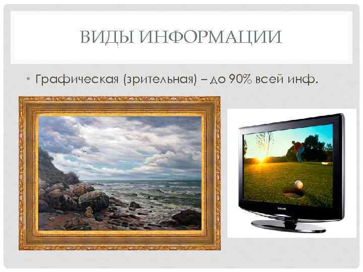 ВИДЫ ИНФОРМАЦИИ • Графическая (зрительная) – до 90% всей инф. 