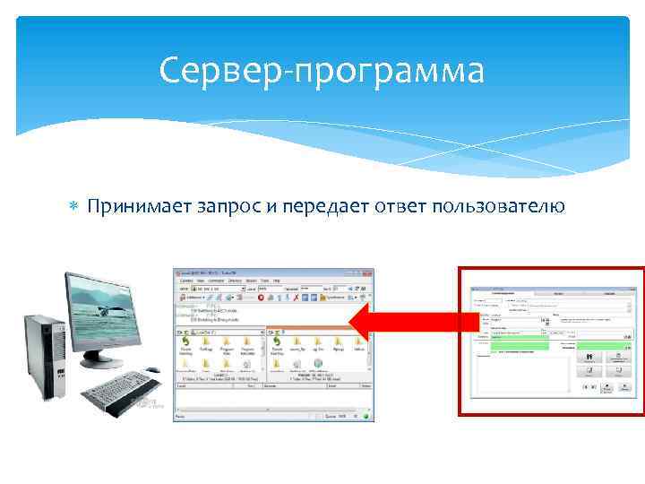 Сервер-программа Принимает запрос и передает ответ пользователю 