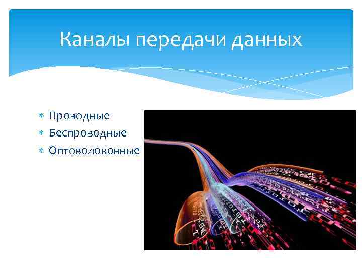 Каналы передачи данных Проводные Беспроводные Оптоволоконные 