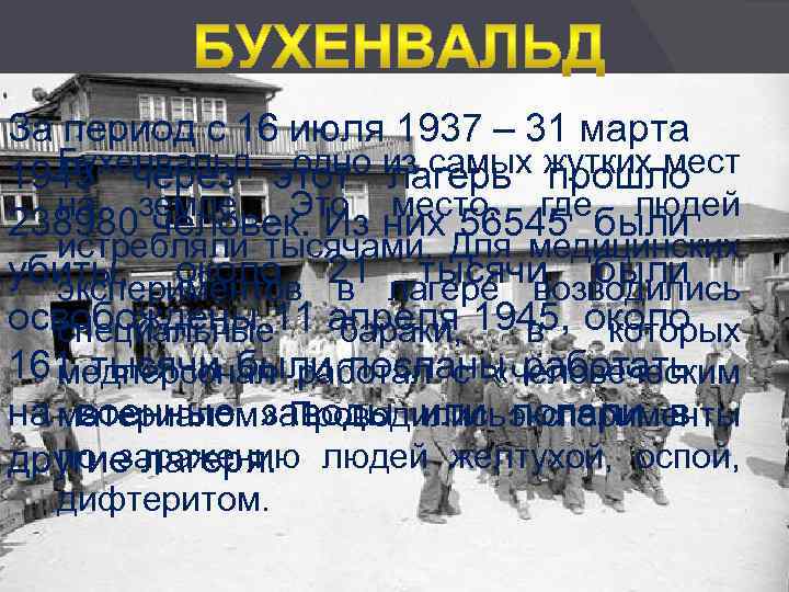 За период с 16 июля 1937 – 31 марта Бухенвальд этот лагерь прошло 1945