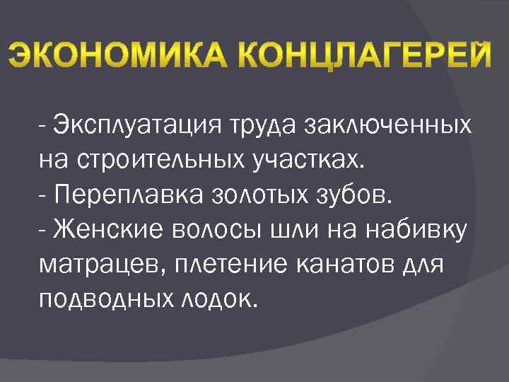 - Эксплуатация труда заключенных на строительных участках. - Переплавка золотых зубов. - Женские волосы