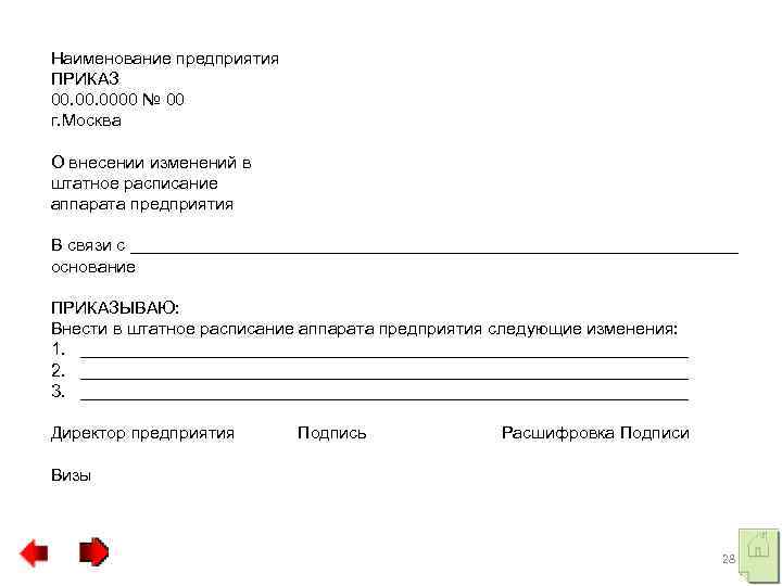 Наименование предприятия ПРИКАЗ 00. 0000 № 00 г. Москва О внесении изменений в штатное