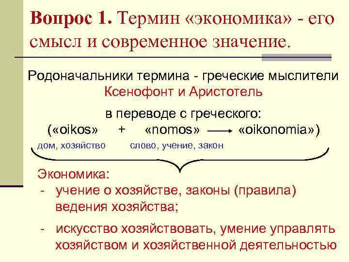 Вопрос 1. Термин «экономика» - его смысл и современное значение. Родоначальники термина - греческие