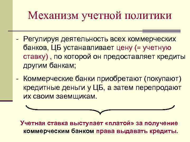 Механизм учетной политики - Регулируя деятельность всех коммерческих банков, ЦБ устанавливает цену (= учетную