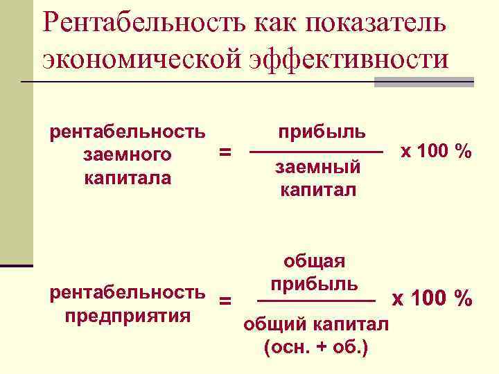 Рентабельность как показатель экономической эффективности рентабельность = заемного капитала прибыль заемный капитал общая прибыль