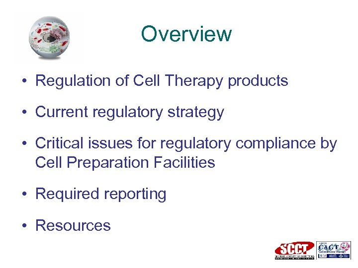 Overview • Regulation of Cell Therapy products • Current regulatory strategy • Critical issues