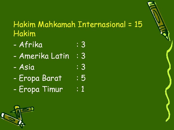 Hakim Mahkamah Internasional = 15 Hakim - Afrika : 3 - Amerika Latin :