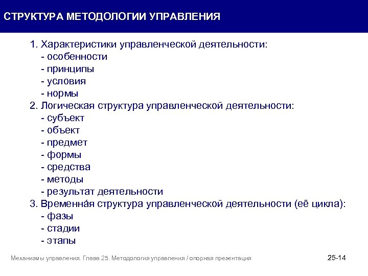 СТРУКТУРА МЕТОДОЛОГИИ УПРАВЛЕНИЯ 1. Характеристики управленческой деятельности: - особенности - принципы - условия -