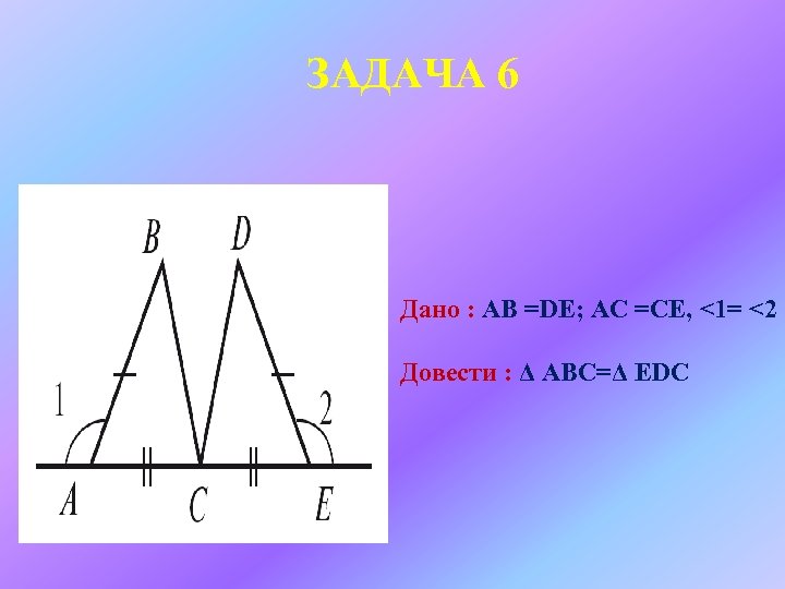 ЗАДАЧА 6 Дано : АВ =DЕ; АС =СЕ, <1= <2 Довести : Δ АВС=Δ