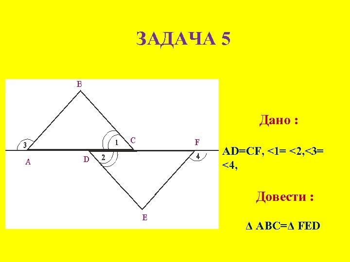 ЗАДАЧА 5 Дано : АD=CF, <1= <2, <3= <4, Довести : Δ АВС=Δ FЕD