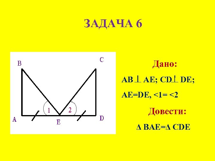 ЗАДАЧА 6 Дано: AB AЕ; СD DЕ; АЕ=DЕ, <1= <2 Довести: Δ ВАЕ=Δ СDЕ