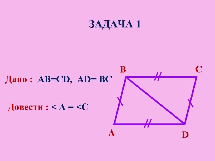 ЗАДАЧА 1 Дано : AB=CD, AD= BC B C Довести : < A =