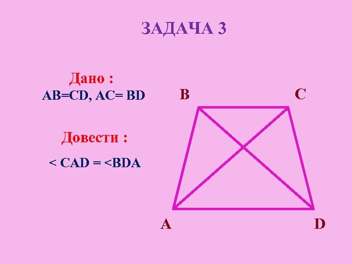 ЗАДАЧА 3 Дано : В AB=CD, AC= BD С Довести : < CAD =
