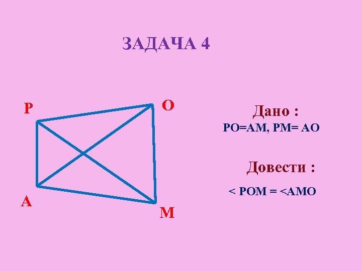 ЗАДАЧА 4 Р О Дано : РО=AМ, РМ= AО Довести : А < РОМ