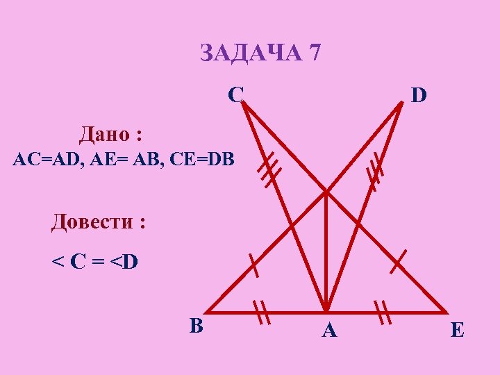 ЗАДАЧА 7 C D Дано : AC=AD, AЕ= AB, CЕ=DB Довести : < C