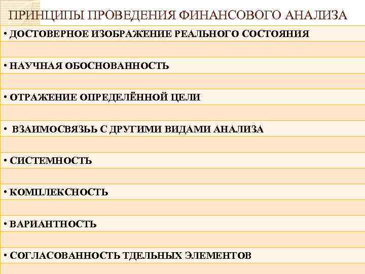 ПРИНЦИПЫ ПРОВЕДЕНИЯ ФИНАНСОВОГО АНАЛИЗА • ДОСТОВЕРНОЕ ИЗОБРАЖЕНИЕ РЕАЛЬНОГО СОСТОЯНИЯ • НАУЧНАЯ ОБОСНОВАННОСТЬ • ОТРАЖЕНИЕ