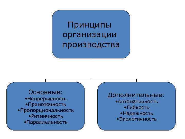 Принципы организации производства Основные: • Непрерывность • Прямоточность • Пропорциональность • Ритмичность • Параллельность