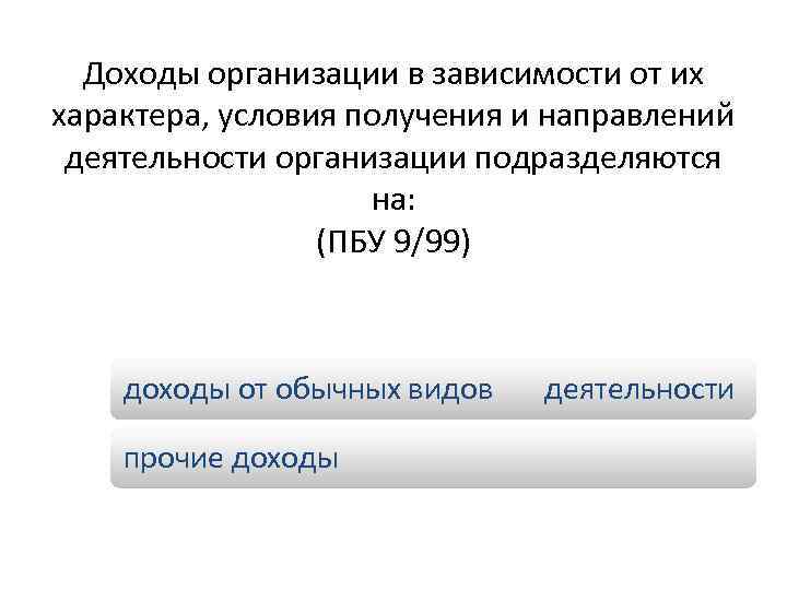 Доходы организации в зависимости от их характера, условия получения и направлений деятельности организации подразделяются