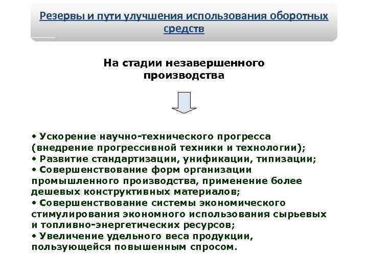 Резервы и пути улучшения использования оборотных средств На стадии незавершенного производства • Ускорение научно-технического