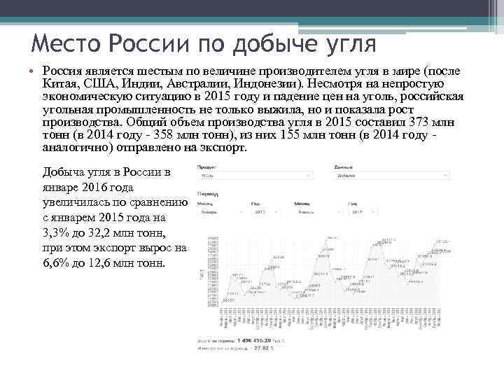 Место России по добыче угля • Россия является шестым по величине производителем угля в