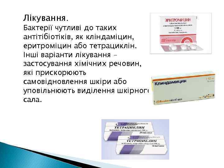 Лікування. Бактерії чутливі до таких антітібіотіків, як кліндаміцин, еритроміцин або тетрациклін. Інші варіанти лікування