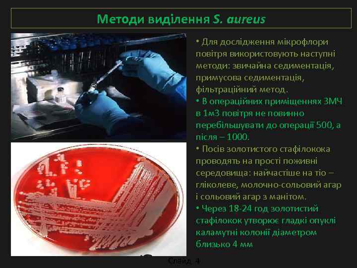 Методи виділення S. aureus • Для дослідження мікрофлори повітря використовують наступні методи: звичайна седиментація,