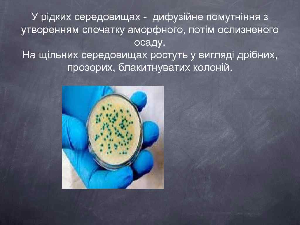 У рідких середовищах - дифузійне помутніння з утворенням спочатку аморфного, потім ослизненого осаду. На