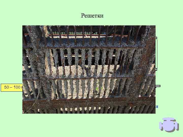 Решетки 50 – 100 мм Круглые стержни диам. 20 мм Направление течения 