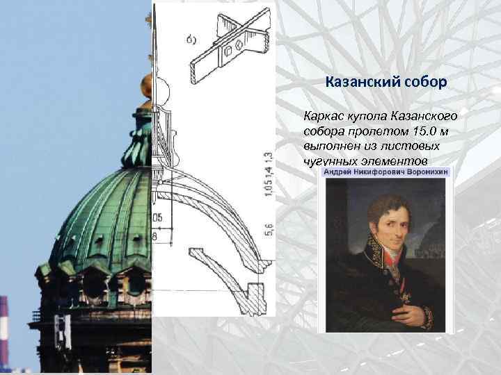 Казанский собор Каркас купола Казанского собора пролетом 15. 0 м выполнен из листовых чугунных