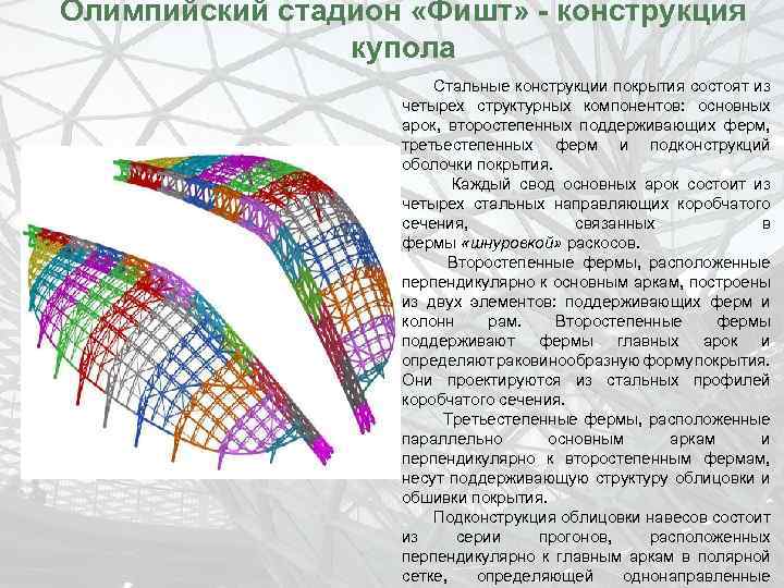 Олимпийский стадион «Фишт» - конструкция купола Стальные конструкции покрытия состоят из четырех структурных компонентов: