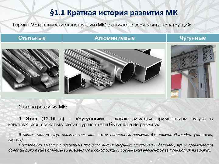 § 1. 1 Краткая история развития МК Термин Металлические конструкции (МК) включает в себя