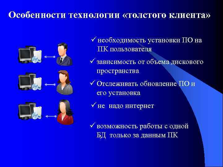 Особенности технологии «толстого клиента» ü необходимость установки ПО на ПК пользователя ü зависимость от