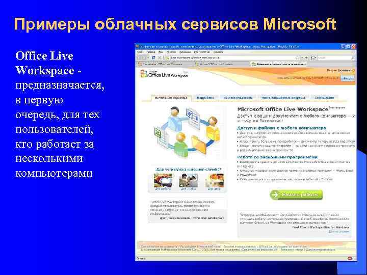 Примеры облачных сервисов Microsoft Office Live Workspace предназначается, в первую очередь, для тех пользователей,