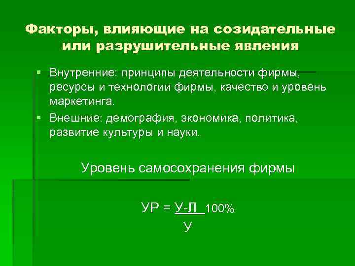 Факторы, влияющие на созидательные или разрушительные явления § Внутренние: принципы деятельности фирмы, ресурсы и