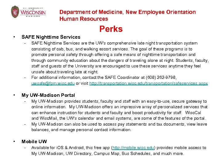 Department of Medicine, New Employee Orientation Human Resources Perks • SAFE Nighttime Services -