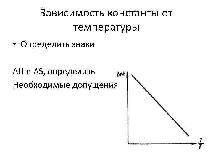Зависимость константы от температуры • Определить знаки ΔH и ΔS, определить Необходимые допущения 