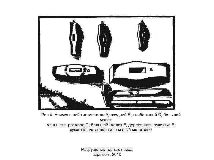 Рис. 4. Наименьший тип молотка А; средний В; наибольший С; большой молот меньшего размера