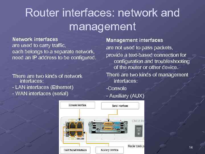 Router interfaces: network and management Network interfaces are used to carry traffic, each belongs