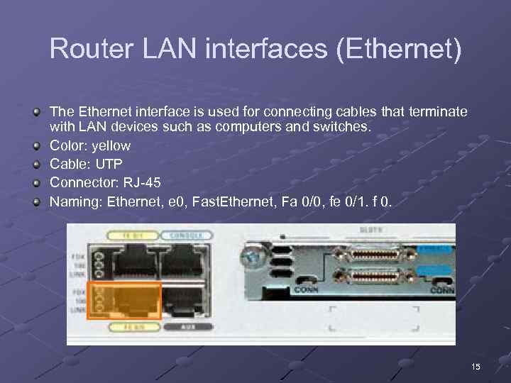 Router LAN interfaces (Ethernet) The Ethernet interface is used for connecting cables that terminate