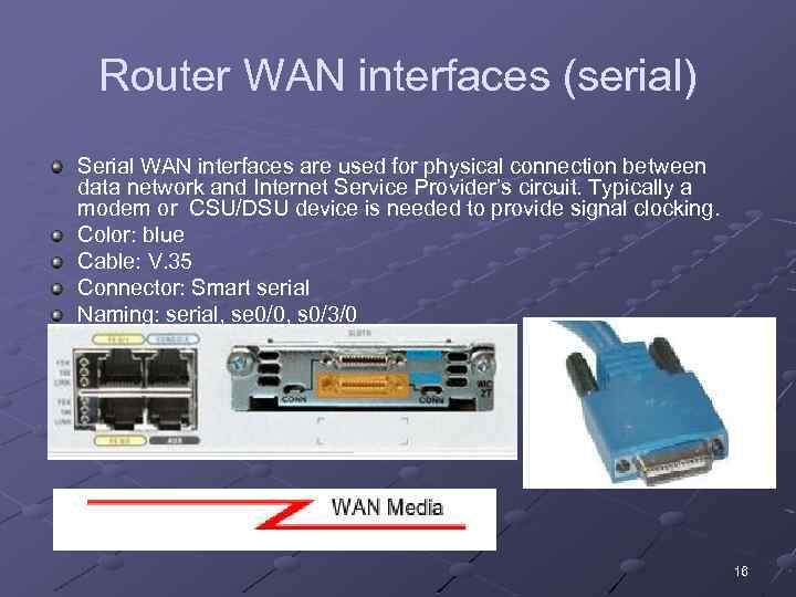 Router WAN interfaces (serial) Serial WAN interfaces are used for physical connection between data