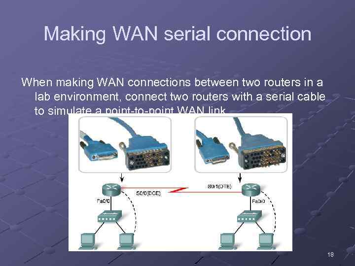 Making WAN serial connection When making WAN connections between two routers in a lab