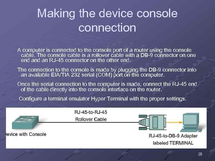 Making the device console connection A computer is connected to the console port of