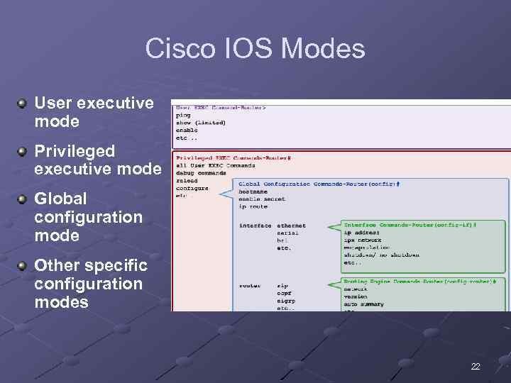 Cisco IOS Modes User executive mode Privileged executive mode Global configuration mode Other specific