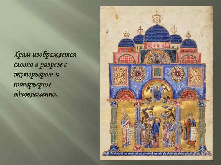 Храм изображается словно в разрезе с экстерьером и интерьером одновременно. 