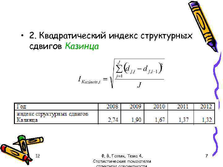  • 2. Квадратический индекс структурных сдвигов Казинца 12 Ф. В. Голик. Тема 4.