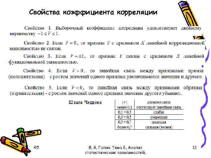 Свойства коэффициента корреляции 45 Ф. В. Голик Тема 6. Анализ статистических зависимостей. 12 